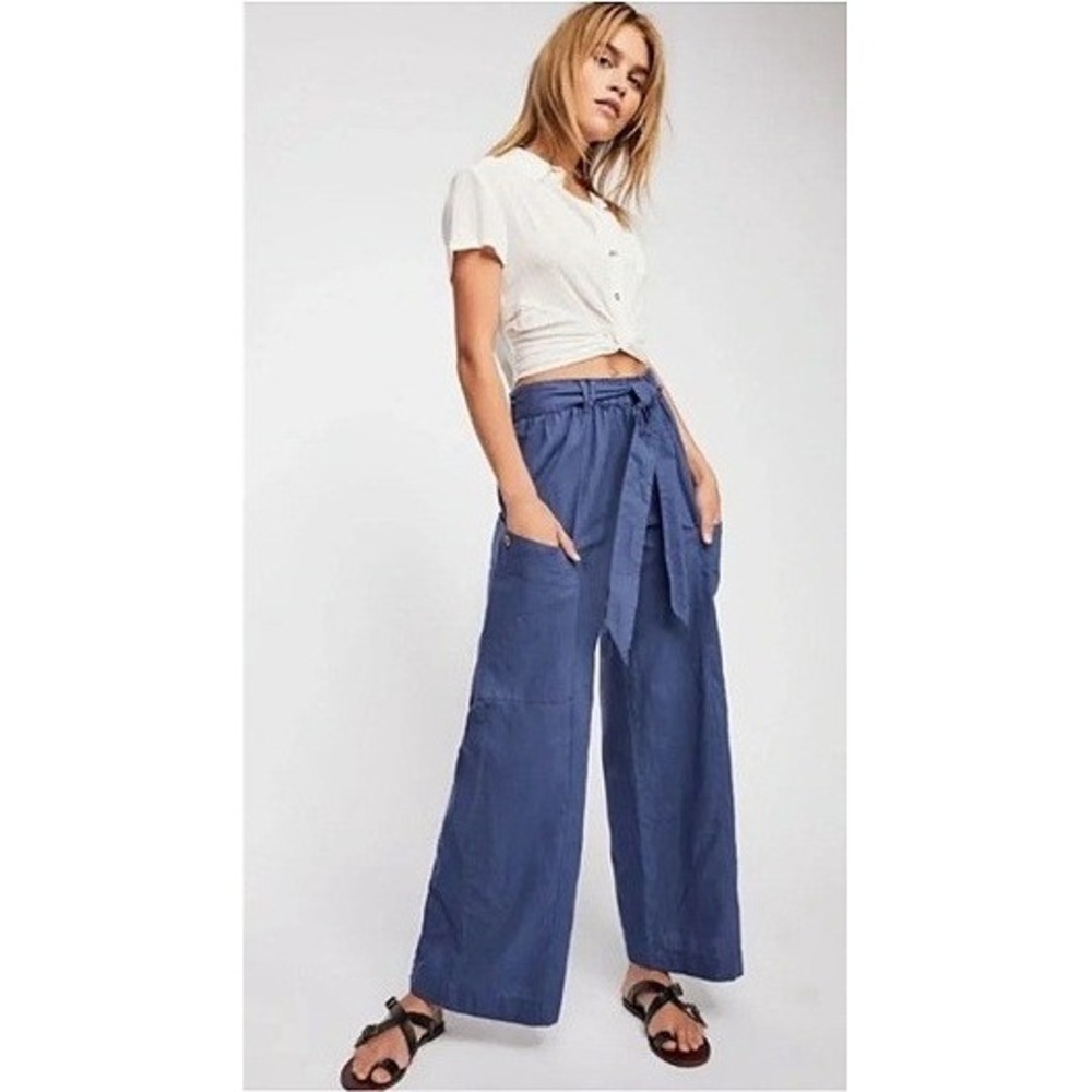 Free People Women's Bluebell Belted Wide-Leg Trousers Small Blue Linen Blend EUC
